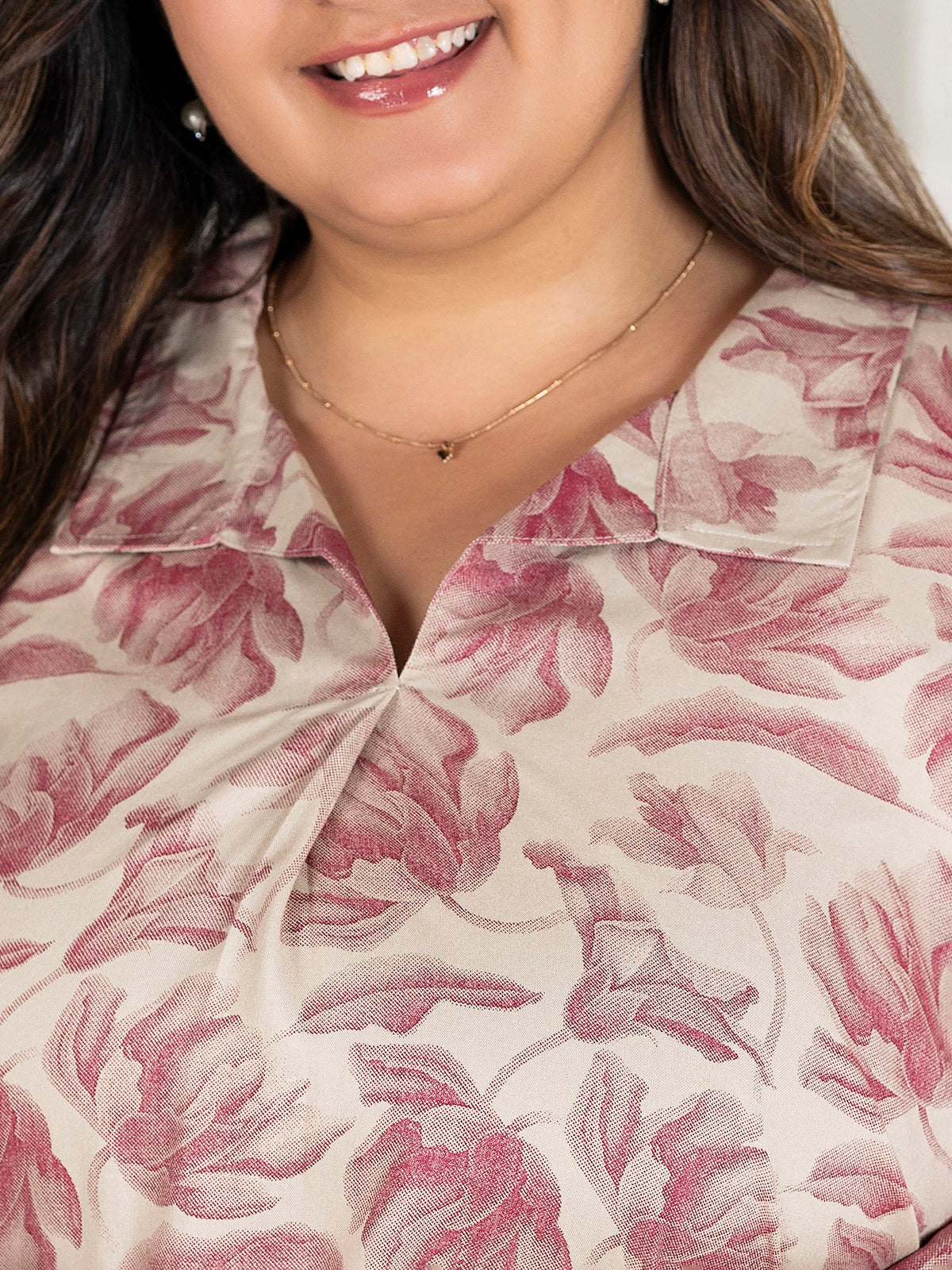 TITTLI Women Plus Size Floral Printed Short Kurti with V-Neck Collar & Three Quarter Bell Sleeves(Rani & Cream)