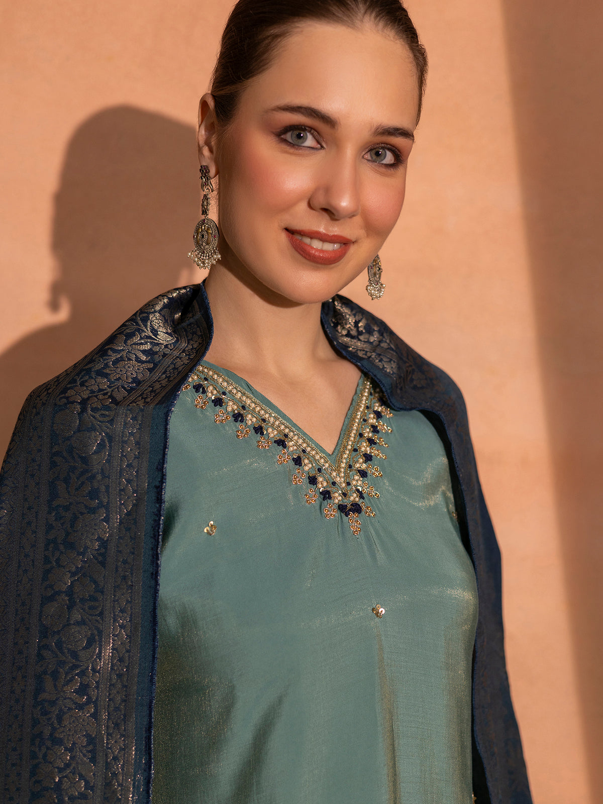 TITTLI Women Handwork Embroidered V-Neck Roman Silk Kurta Set with Jacquard Banarasi Dupatta (Aqua)
