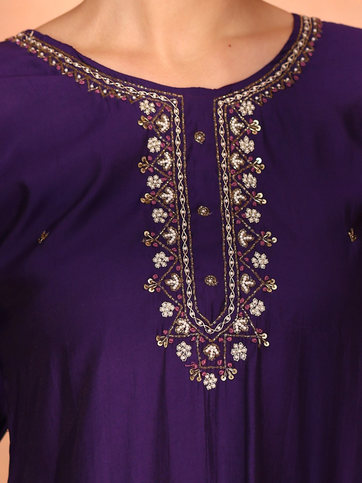 TITTLI Women Handwork Embroidered U-Neck Roman Silk Kurta Set with Georgette Cutwork Dupatta (Violet)