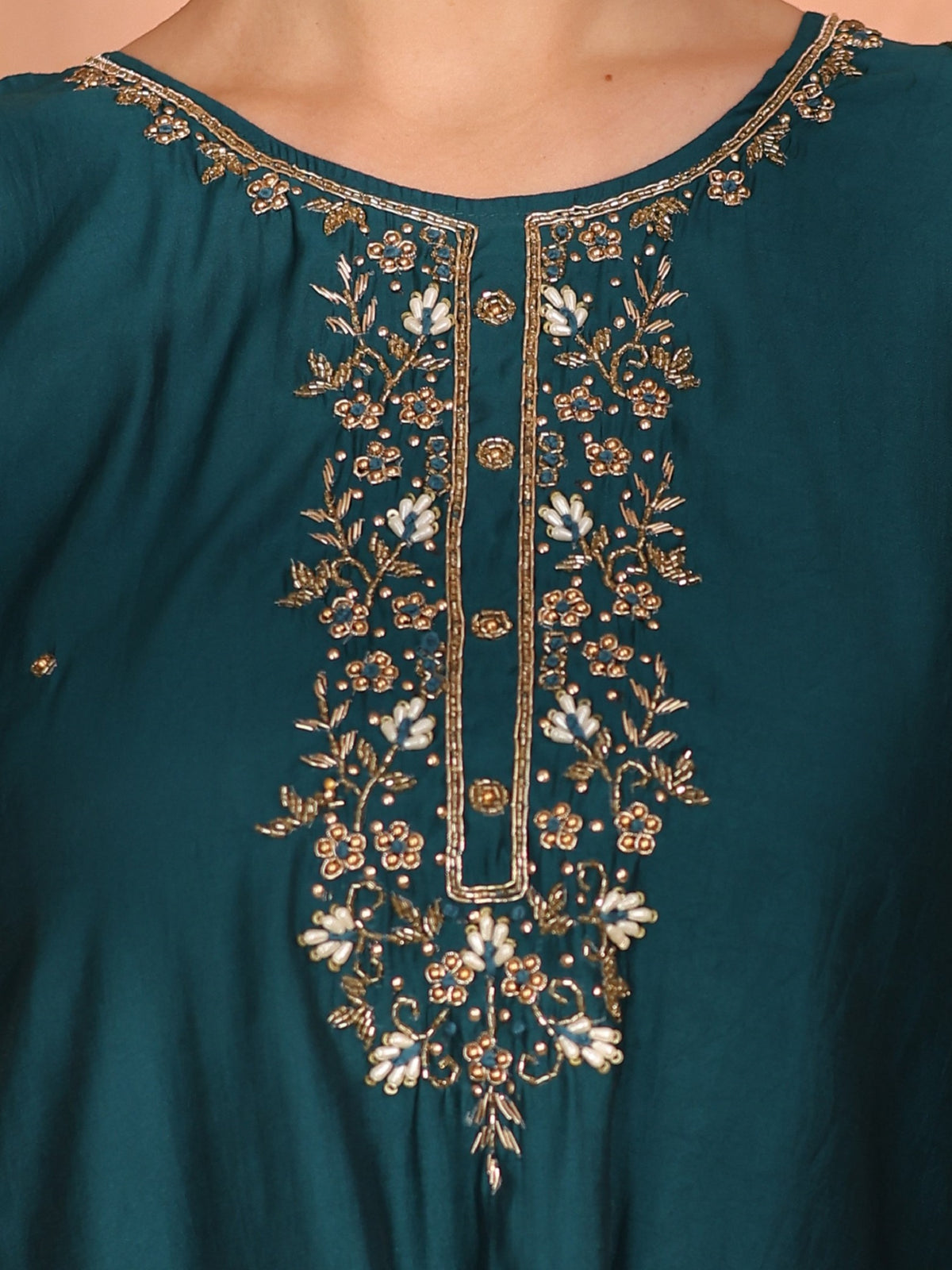 TITTLI Women Handwork Embroidered U-Neck Roman Silk Kurta Set with Dupatta(Rama)