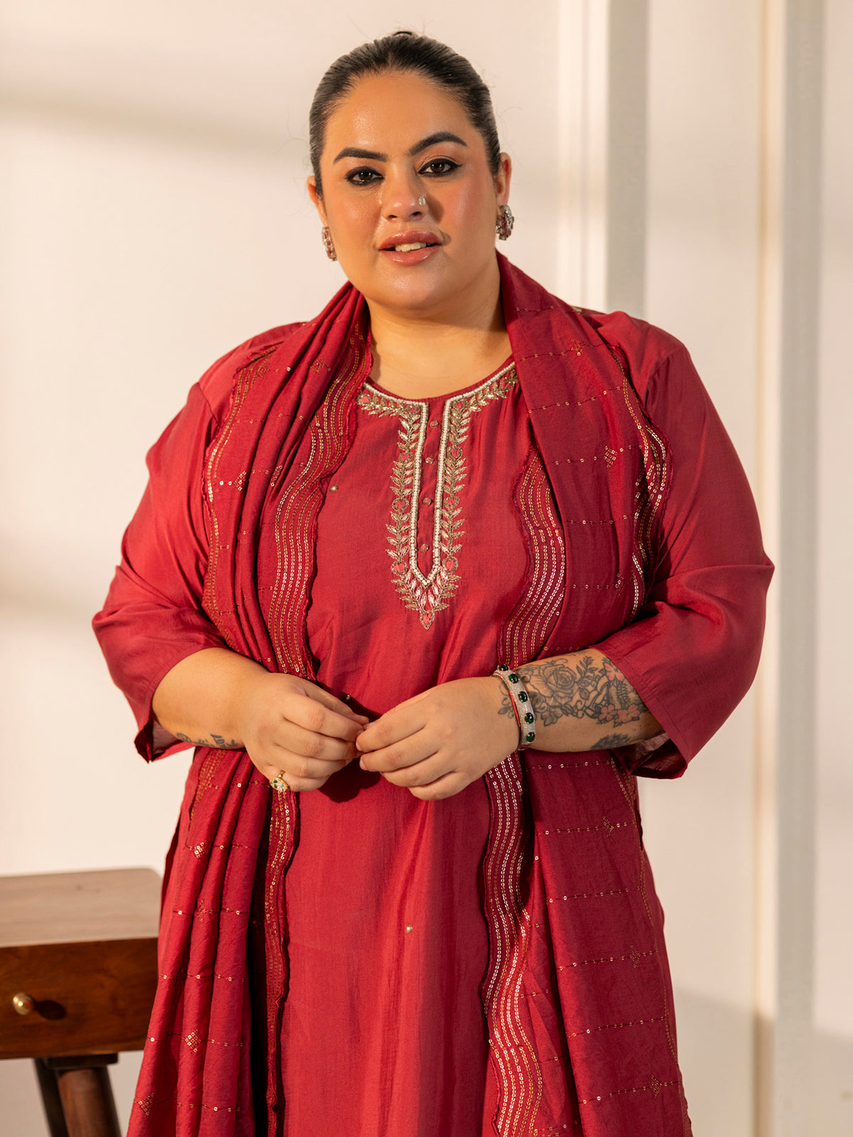 TITTLI Plus Size Women Handwork Embroidered U-Neck Roman Silk Kurta Set with Rayon Sequin Work Dupatta (Gajjar)