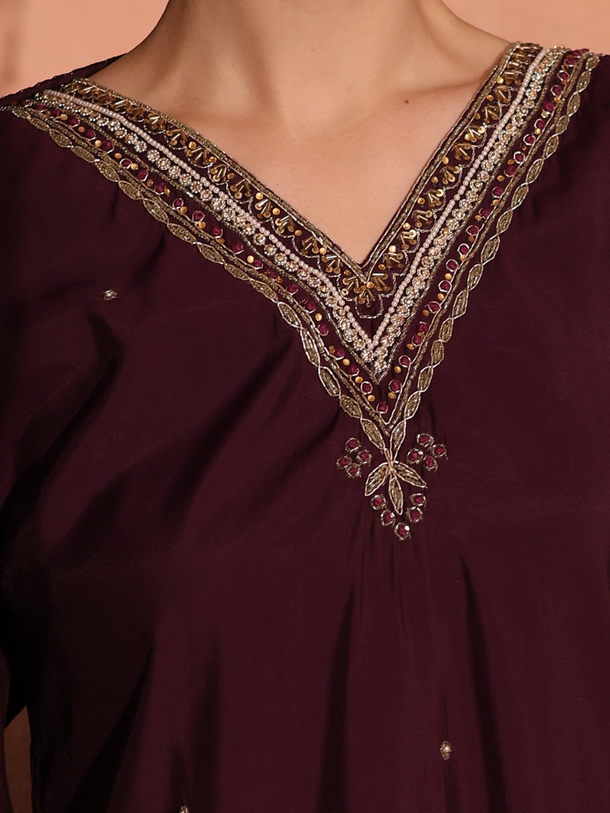 TITTLI Women Handwork Embroidered V-Neck Roman Silk Kurta Set with Georgette Cutwork Dupatta (Wine)