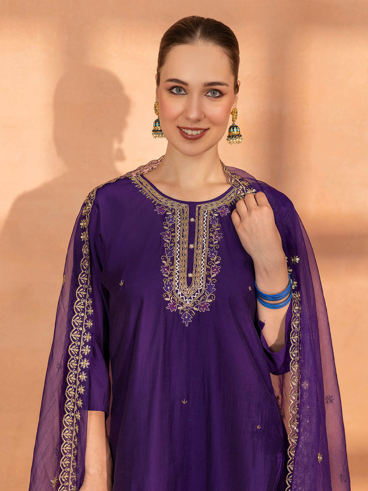 TITTLI Women Handwork Embroidered U-Neck Roman Silk Kurta Set with Cut-Work Dupatta(Violet)