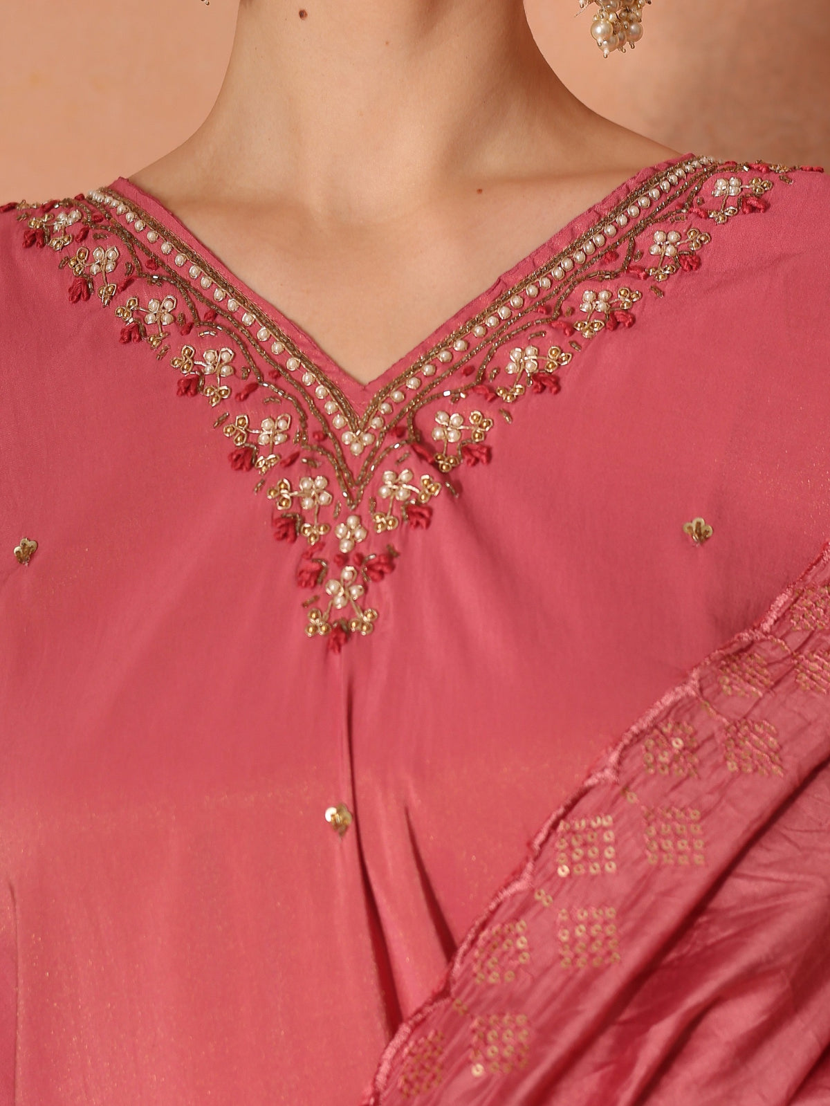 TITTLI Women Handwork Embroidered V-Neck Roman Shimmer Silk Kurta Set with Rayon Dupatta(Pink)