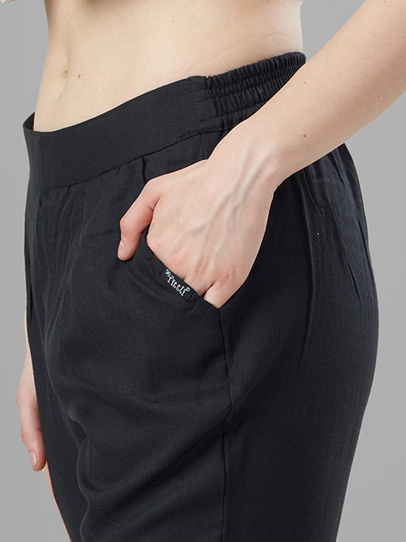 Trendy Silk Cigarette Pants for Ladies in Black closer view