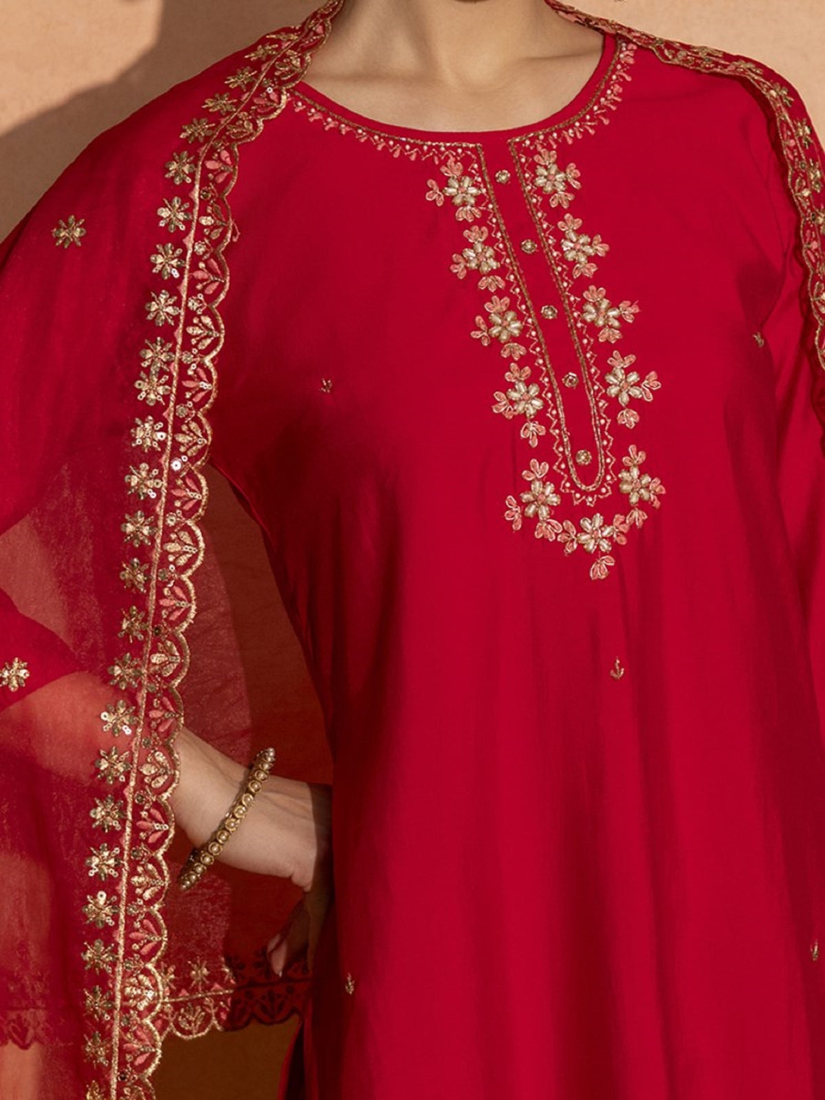 TITTLI Women Handwork Embroidered U-Neck Roman Silk Kurta Set with Georgette Cutwork Dupatta (Red)