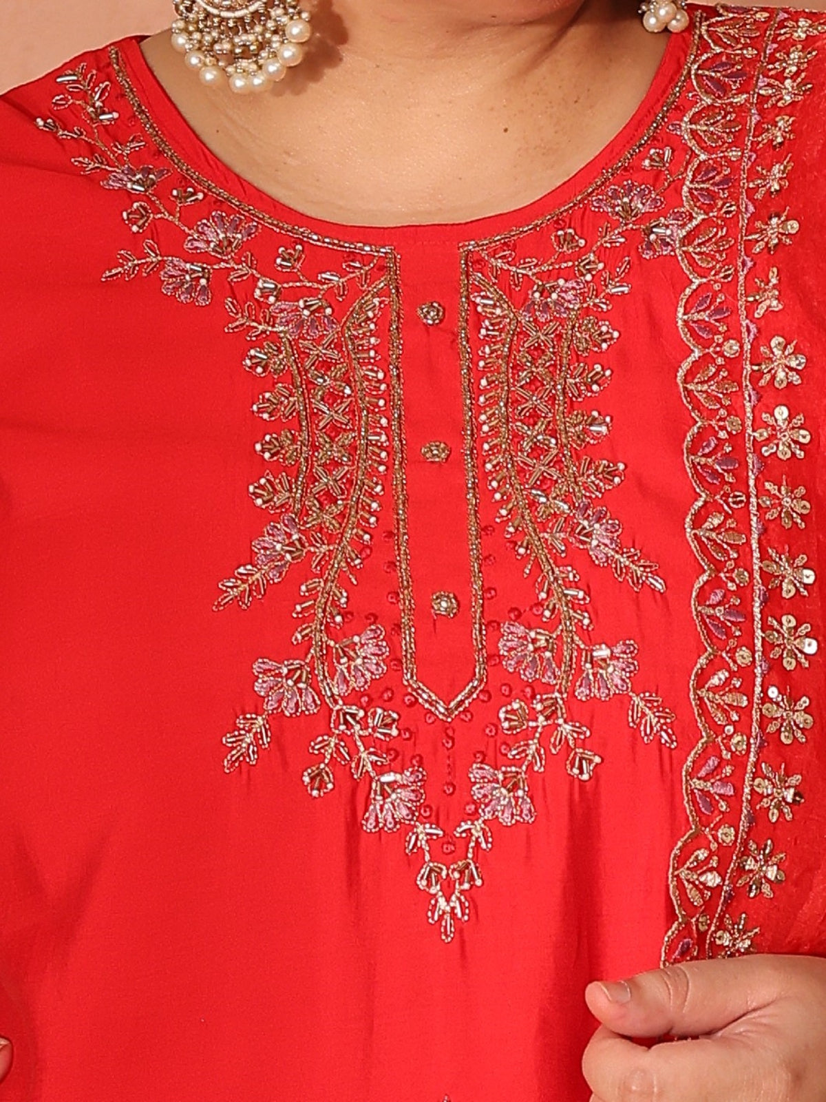 TITTLI Plus Size Women Handwork Embroidered U-Neck Roman Silk Kurta Set with Cut-Work Dupatta (Red)