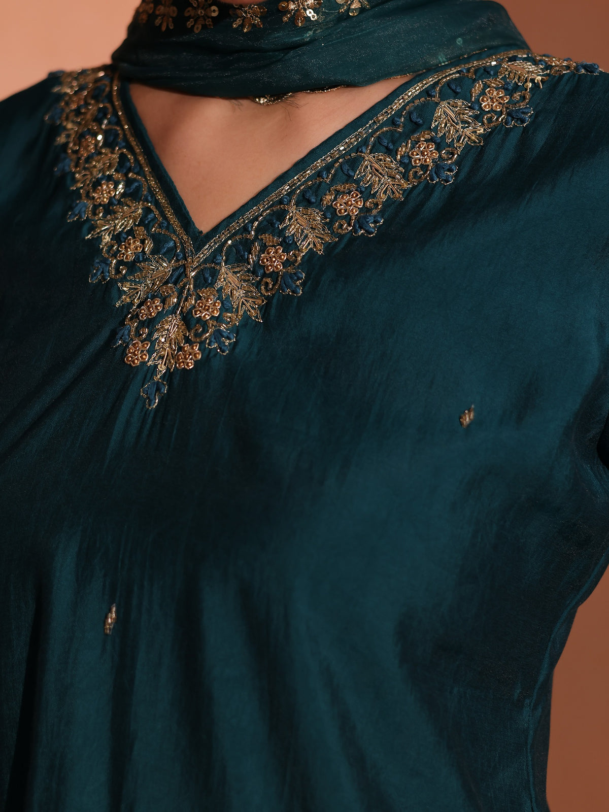 TITTLI Women Handwork Embroidered V-Neck Roman Silk Kurta Set with Georgette Cutwork Dupatta (Rama)
