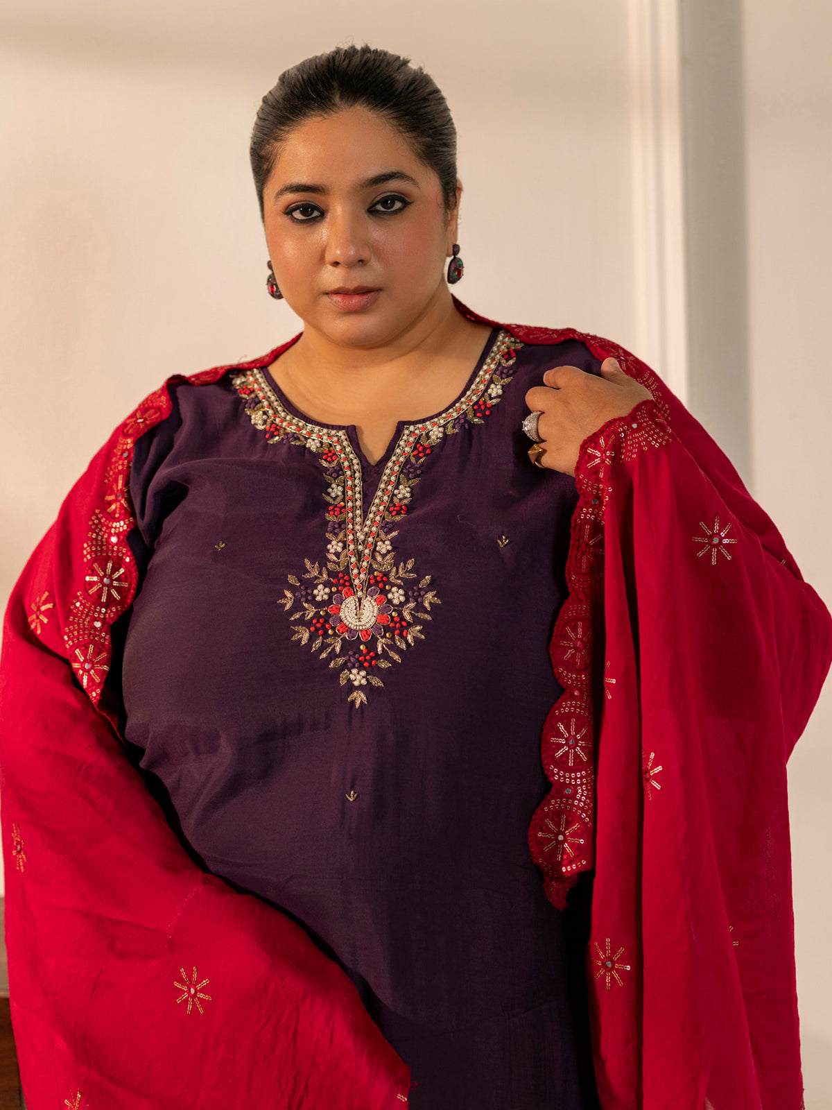 TITTLI Plus Size Women Handwork Embroidered Round Neck with V Drape Roman Silk Kurta Set with Cut-Work Dupatta (Wine)
