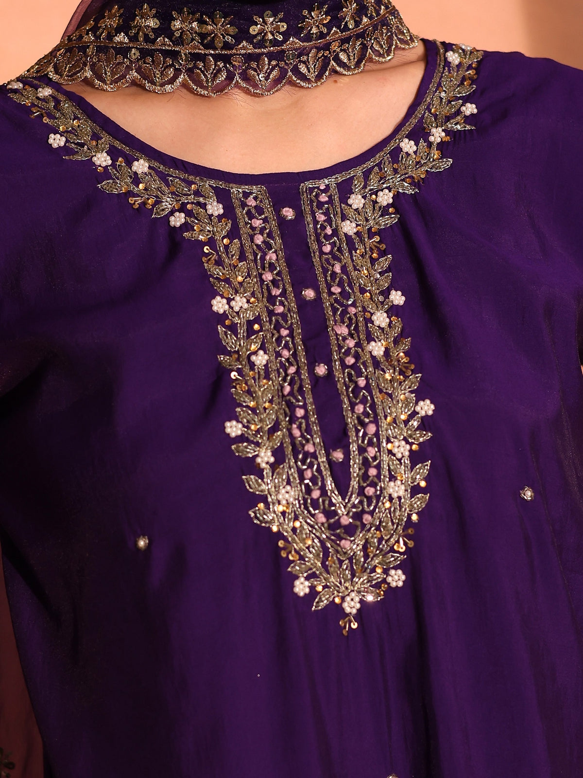 TITTLI Women Handwork Embroidered U Neck Roman Silk Kurta Set with Georgette Cutwork Dupatta (Violet)