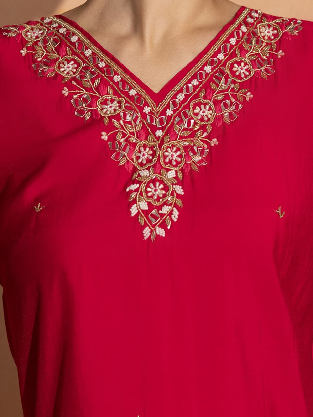 TITTLI Women Handwork Embroidered V-Neck Roman Silk Kurta Set with Jacquard Digital Printed Dupatta (Red)