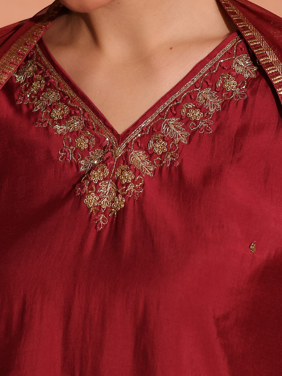 TITTLI Women Handwork Embroidered V-Neck Roman Silk Kurta Set with Georgette Cutwork Dupatta (C. Red)