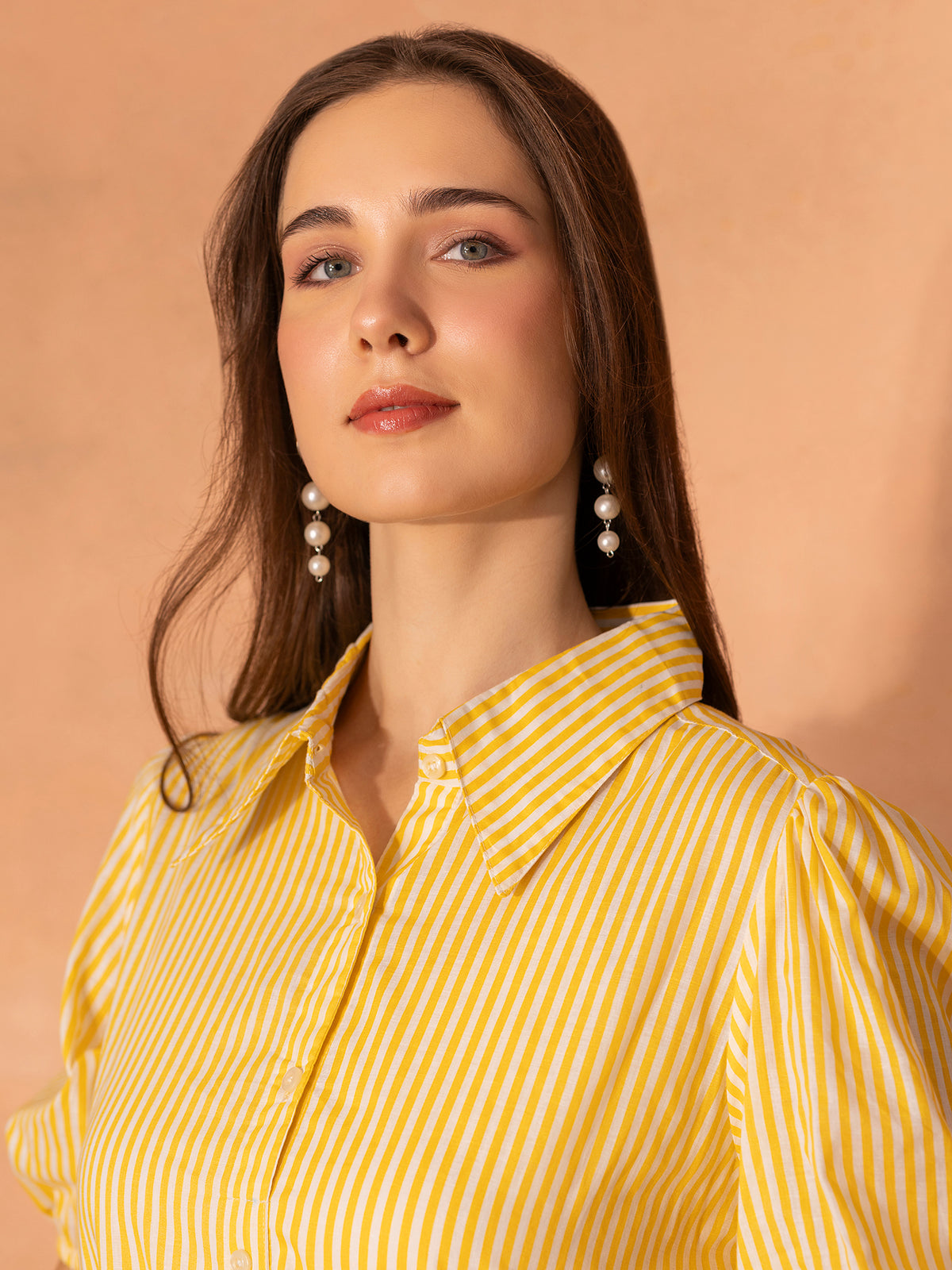 TITTLI Women's Cotton Striped Shirt-Style Tiered Lace Detailing Knee Length Dress with Puff Sleeves & Button Front Closure (White & Yellow)
