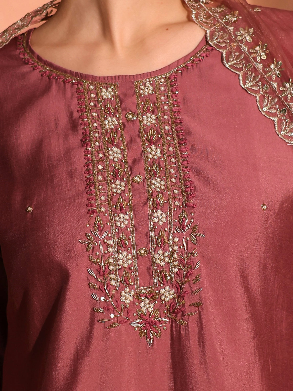 TITTLI Women Handwork Embroidered Round Neck Roman Silk Kurta Set with Cut-Work Dupatta (Gajjar)