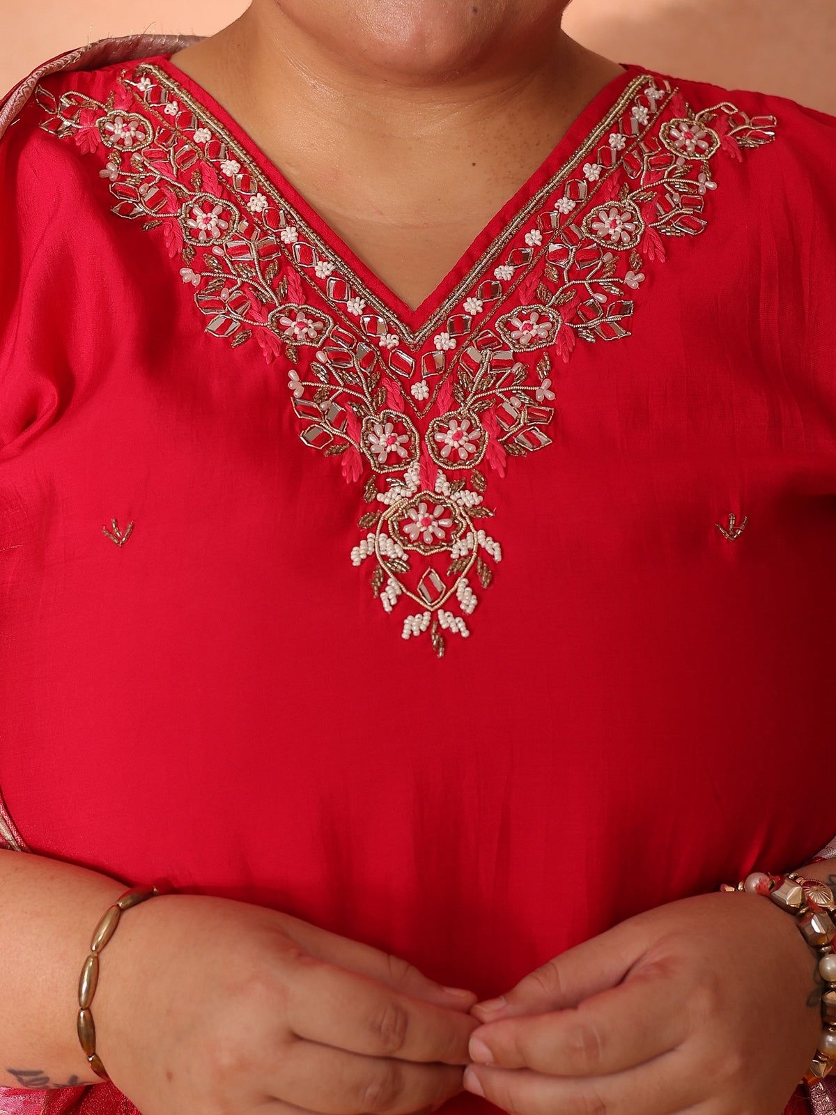 TITTLI Plus Size Women Handwork Embroidered V-Neck Roman Silk Kurta Set with Jacquard Digital Printed Dupatta (Red)
