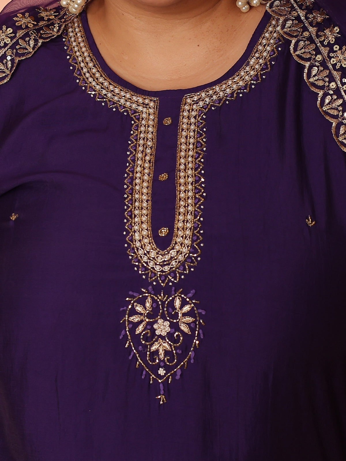 TITTLI Plus Size Women Handwork Embroidered U-Neck Roman Silk Kurta Set with Georgette Cutwork Dupatta(Violet)