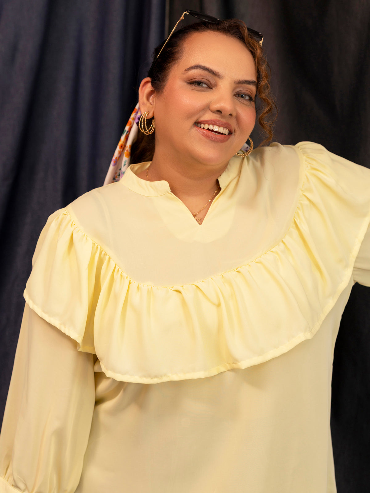 TITTLI Women Plus Size Georgette Solid Short Top (Lemon)