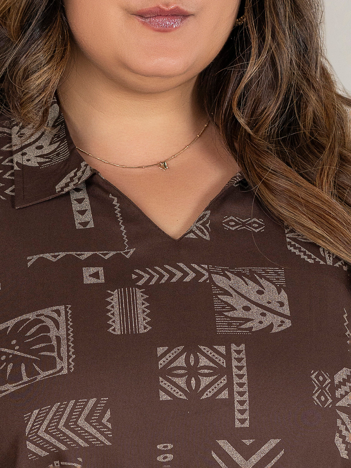 TITTLI Plus Size Women Printed Collared V-Neck Pure Cotton Kurti (Brown)