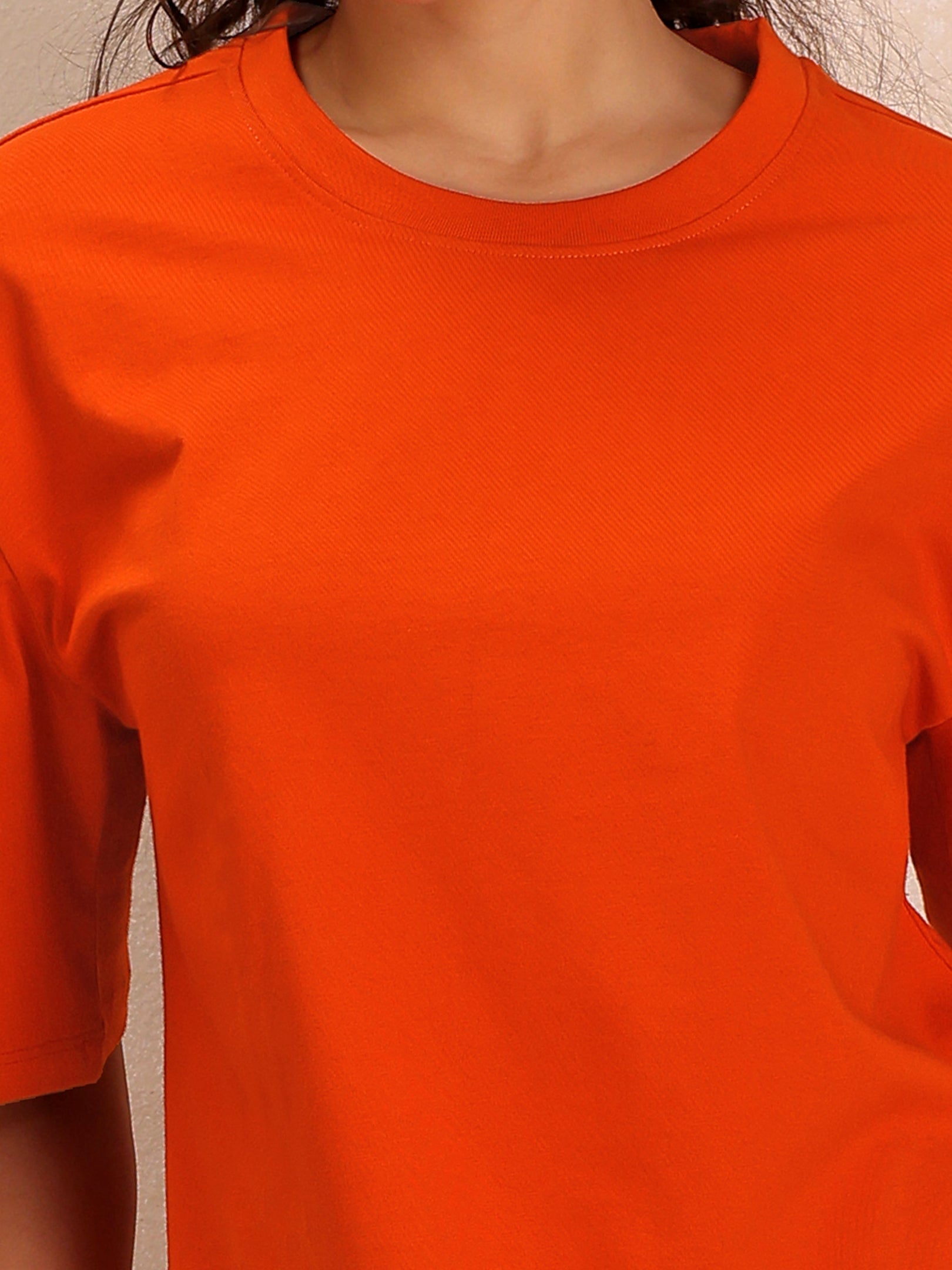 TITTLI Women Pure Cotton Solid T-Shirt And Trouser Co-Ord Set (Orange)