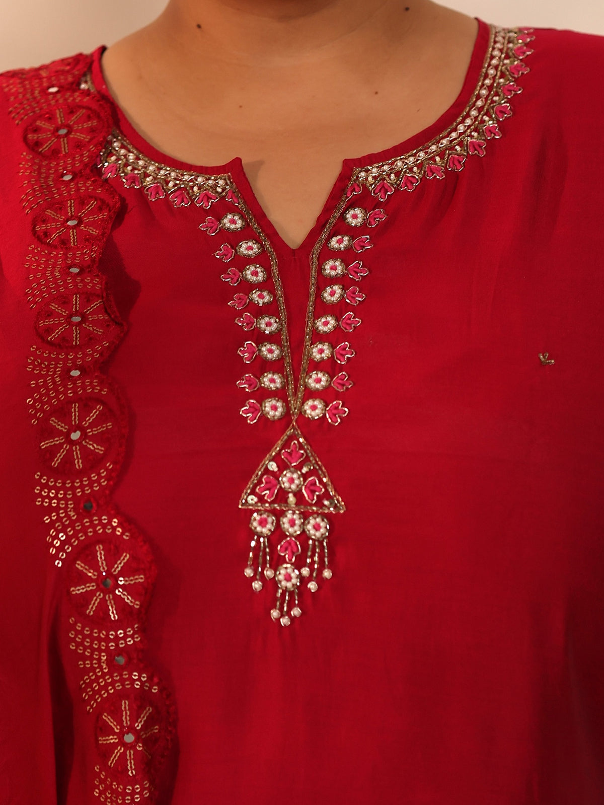 TITTLI Plus Size Women Handwork Embroidered Round Neck with V Roman Silk Kurta Set with Cut-Work Dupatta (C. Red)
