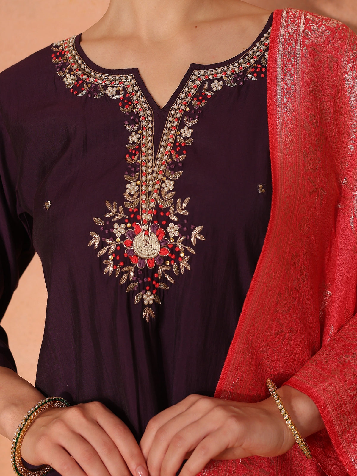 TITTLI Women Handwork Embroidered Round Neck with V Drape Roman Silk Kurta Set with Cut-Work Dupatta (Wine)