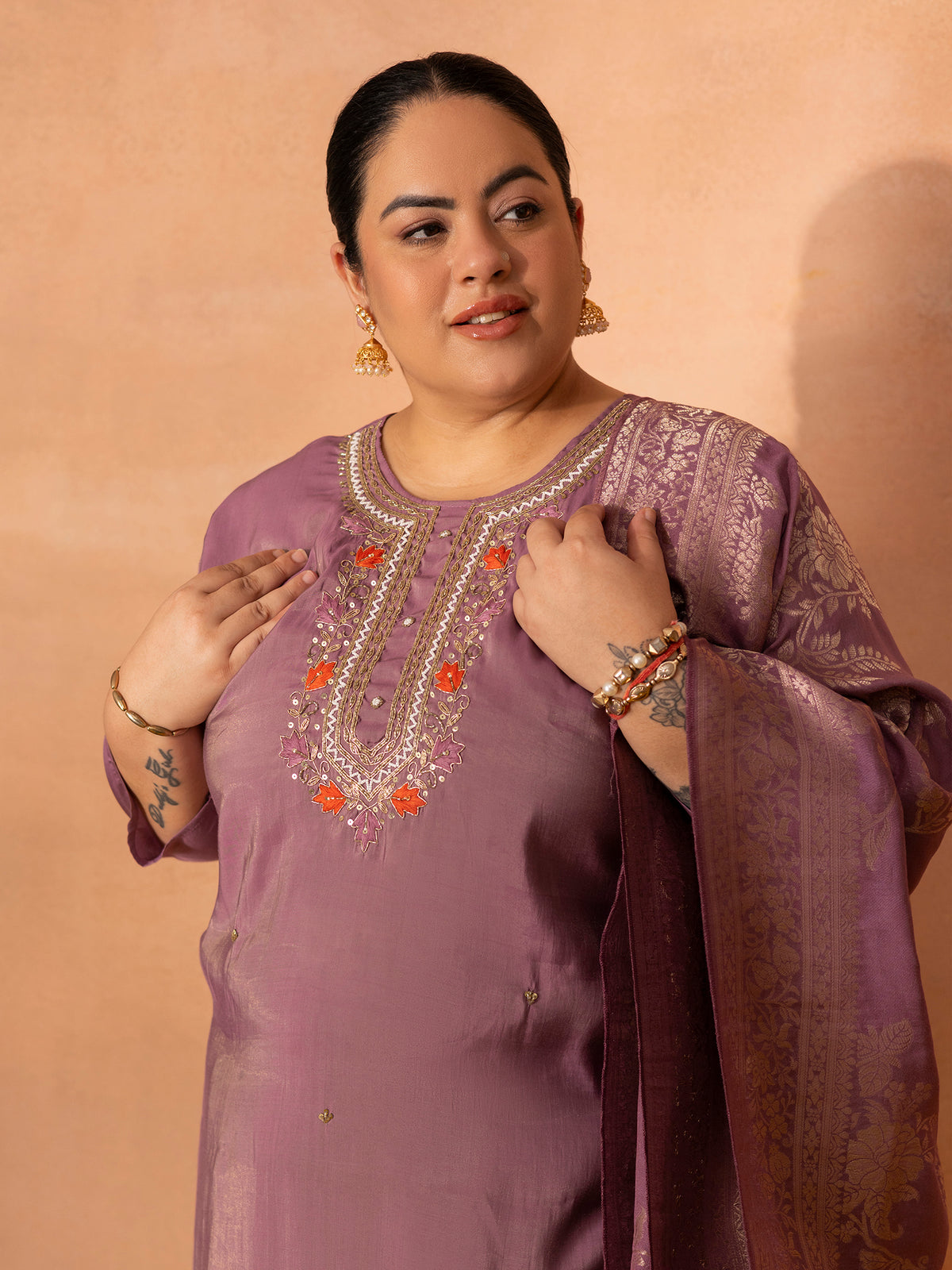 TITTLI Plus Size Women Handwork Embroidered U-Neck Roman Shimmer Silk Kurta Set with Jacquard Banarasi Print Dupatta (Purple)