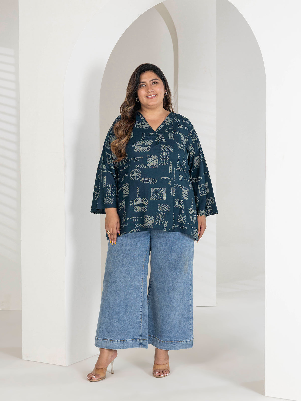TITTLI Women Plus Size Geometric Print Viscose Rayon Short Kurti (Airforce)