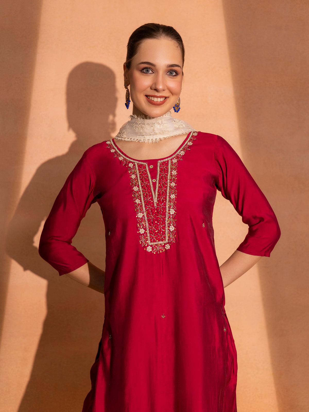 TITTLI Women Handwork Embroidered U-Neck Roman Silk Kurta Set with Embroidered Net Dupatta (Cherry Red)