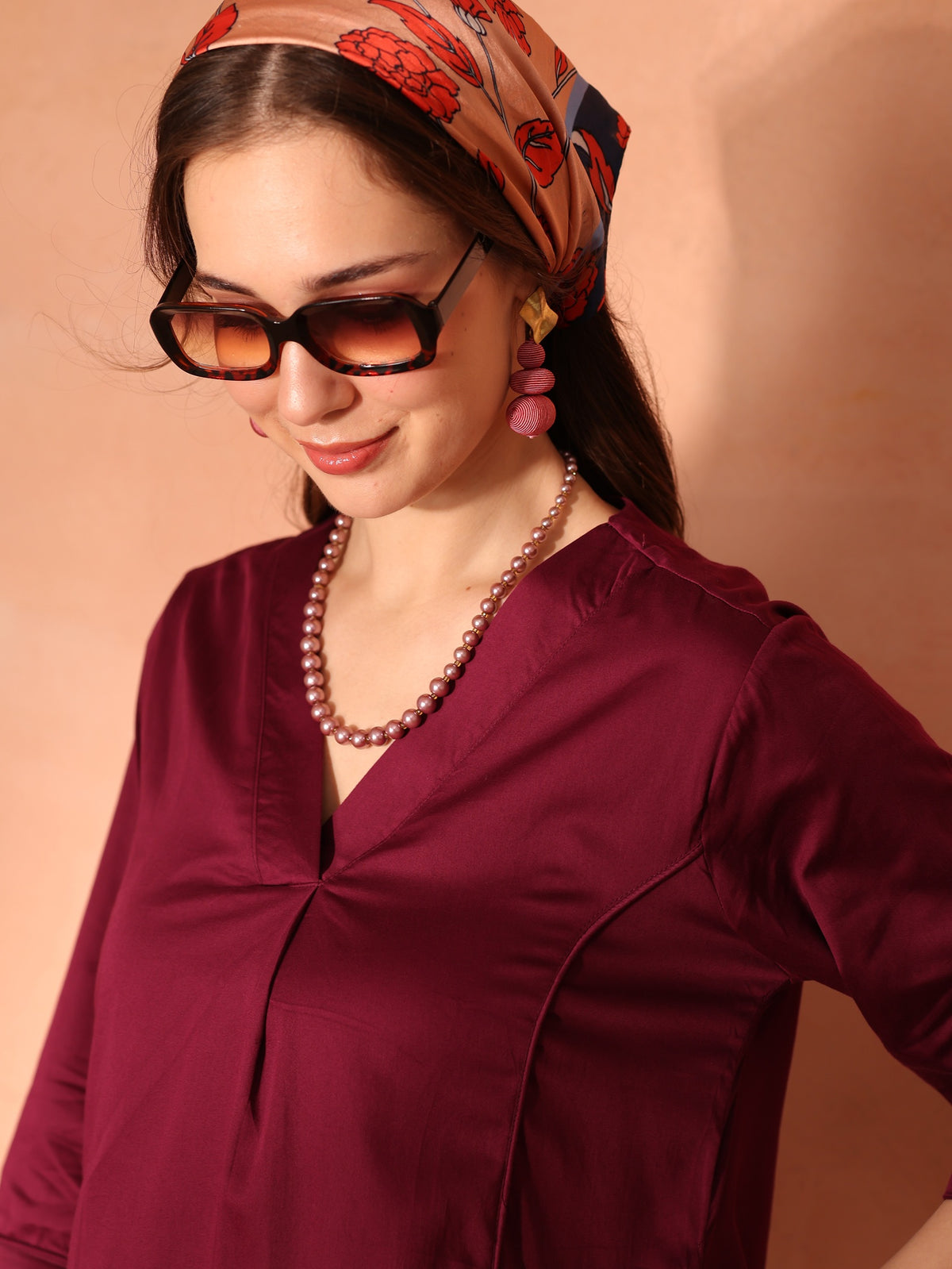 TITTLI Women Cotton Silk V-Neck Tunic & Trousers Co-Ord Set (Wine)