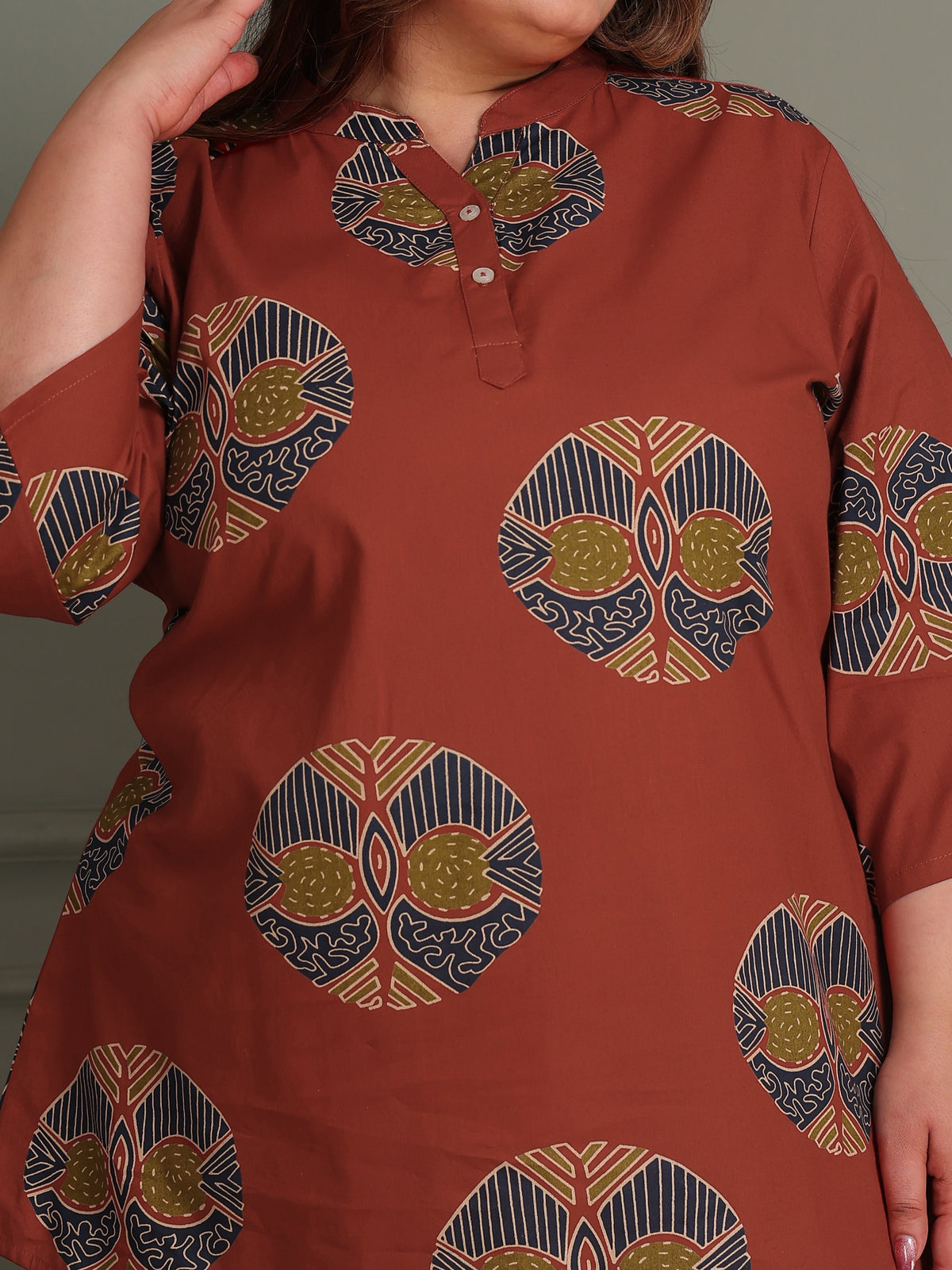 TITTLI Women Plus Size Printed Pure Cotton Mandarin Collar Casual Kurti (Rust)