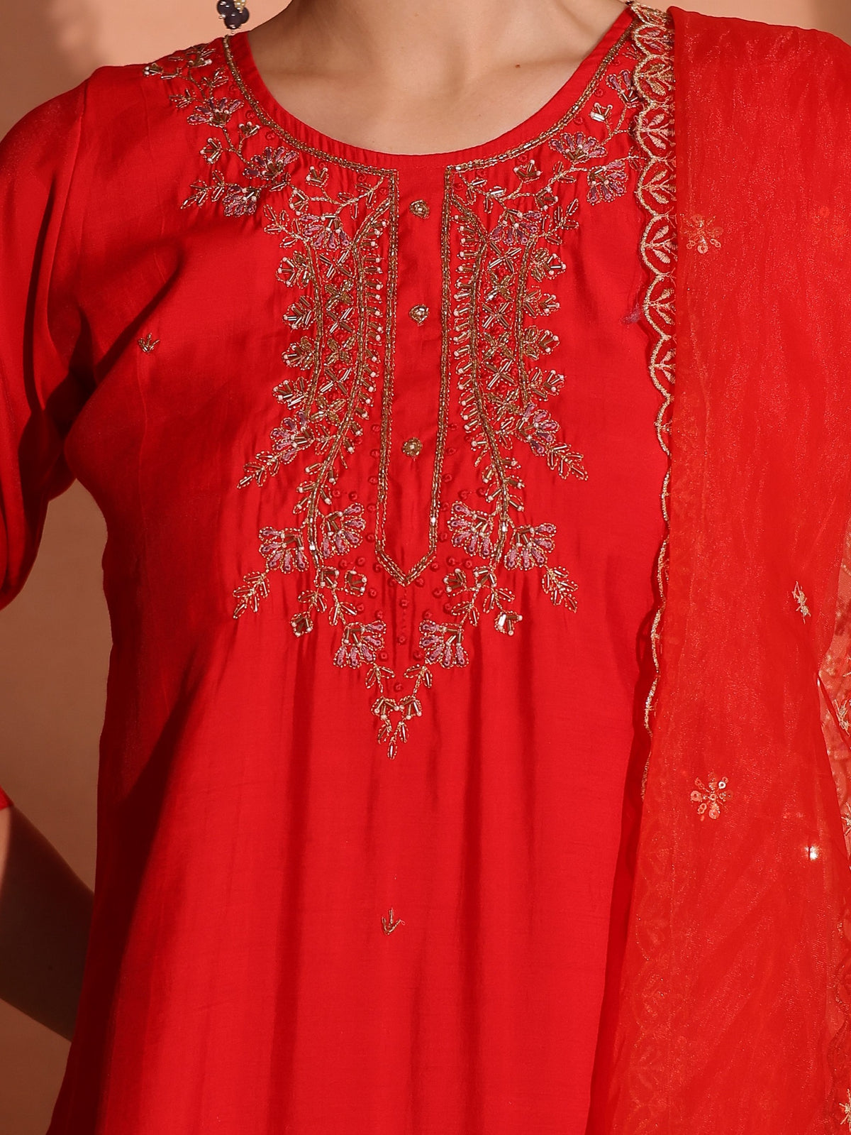 TITTLI Women Handwork Embroidered U-Neck Roman Silk Kurta Set with Dupatta(Red)
