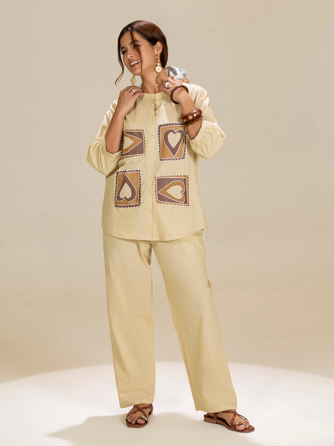 TITTLI Beige Colour Printed Relaxed Fit Pure Cotton Shirt And Trouser Co-Ord Set For Womens
