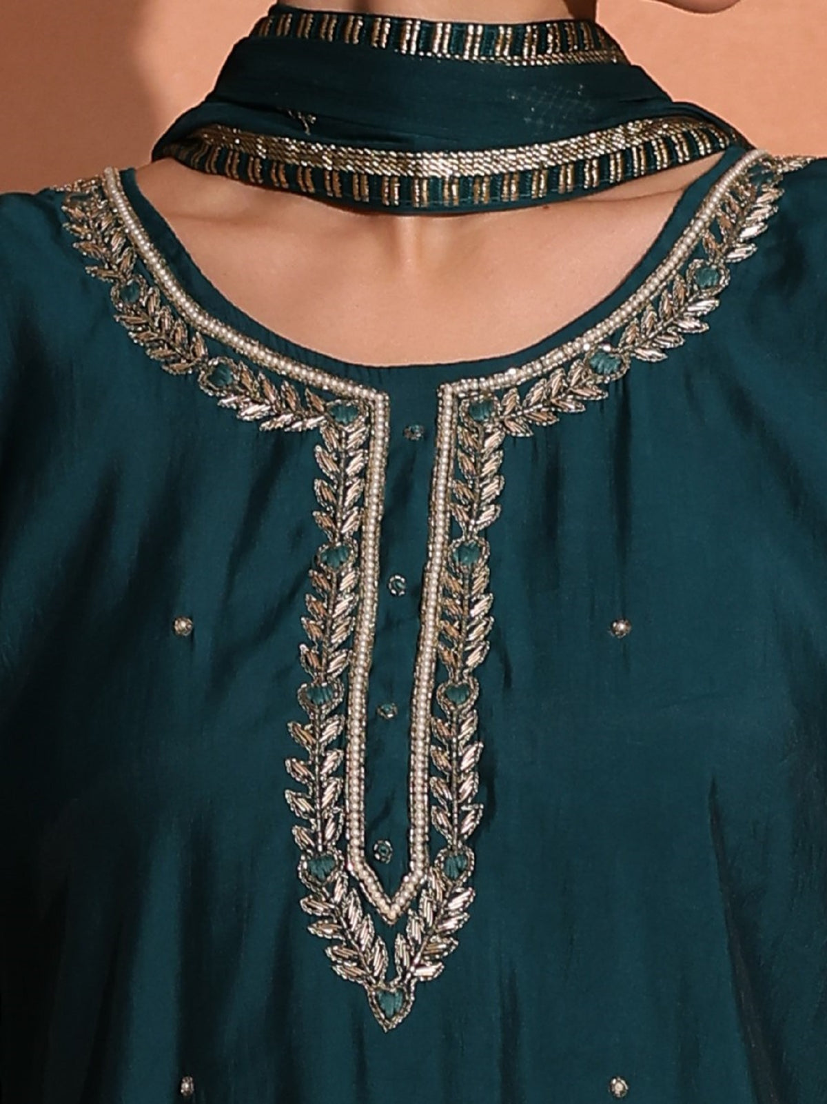 TITTLI Women Handwork Embroidered U-Neck Roman Silk Kurta Set with Georgette Cutwork Dupatta (Rama)