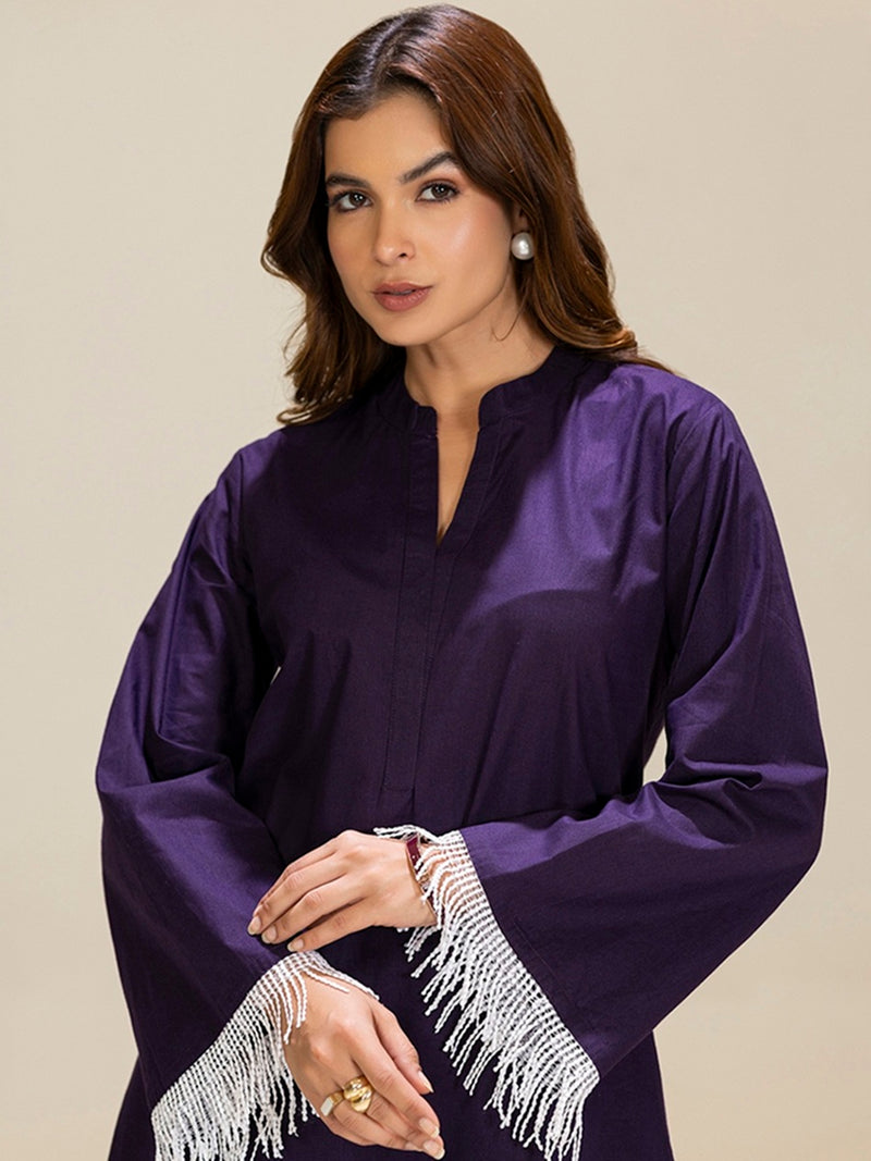 TITTLI Violet Colour Pure Cotton Mandarin Collared V-Neck Lace Detailing Tunic & Trouser Co-Ord Set