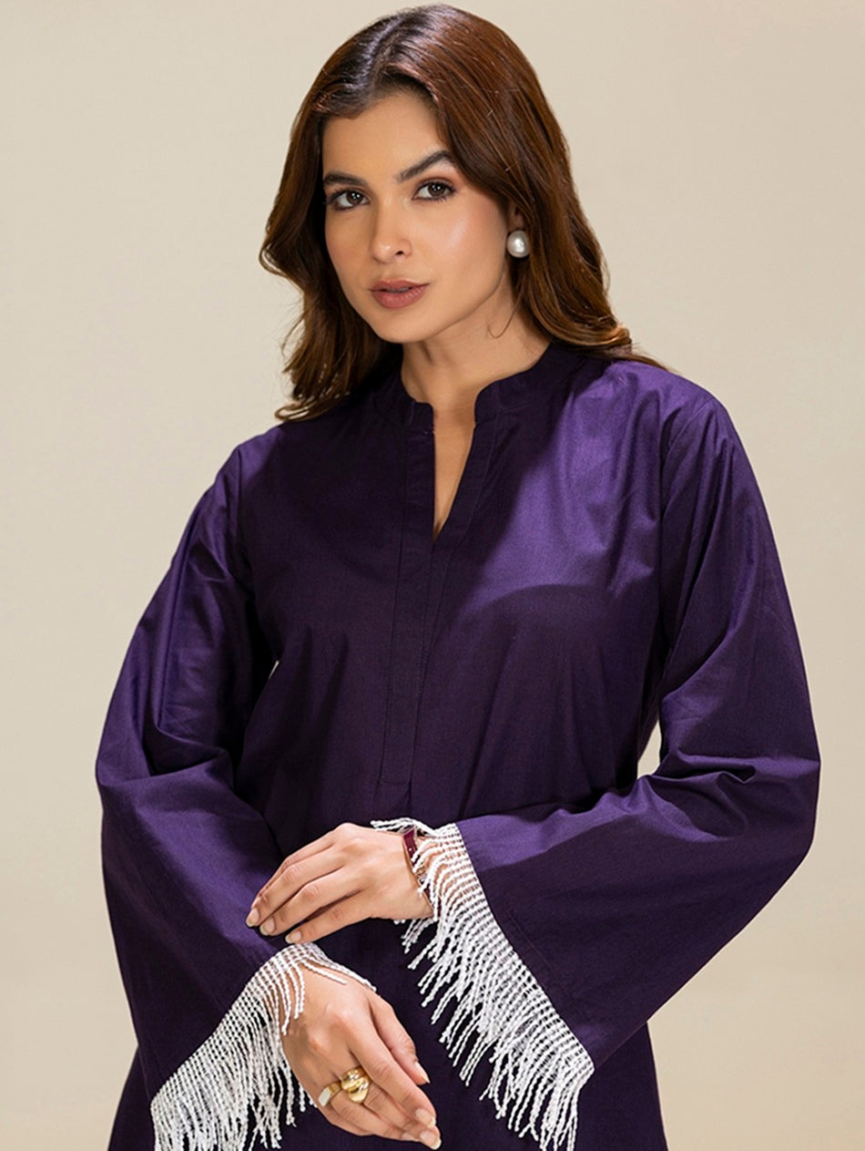TITTLI Violet Colour Pure Cotton Mandarin Collared V-Neck Lace Detailing Tunic & Trouser Co-Ord Set