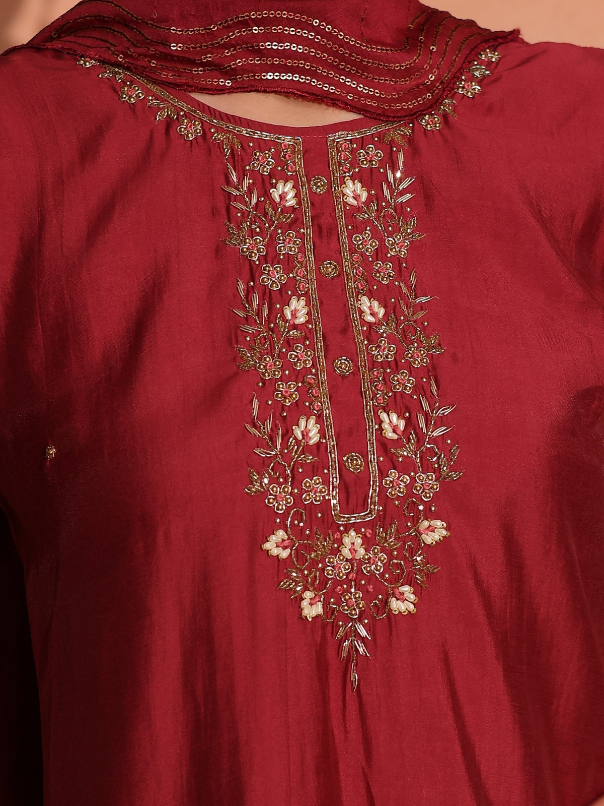 TITTLI Plus Size Women Handwork Embroidered U-Neck Roman Silk Kurta Set with Rayon Sequin Work Dupatta (Red)