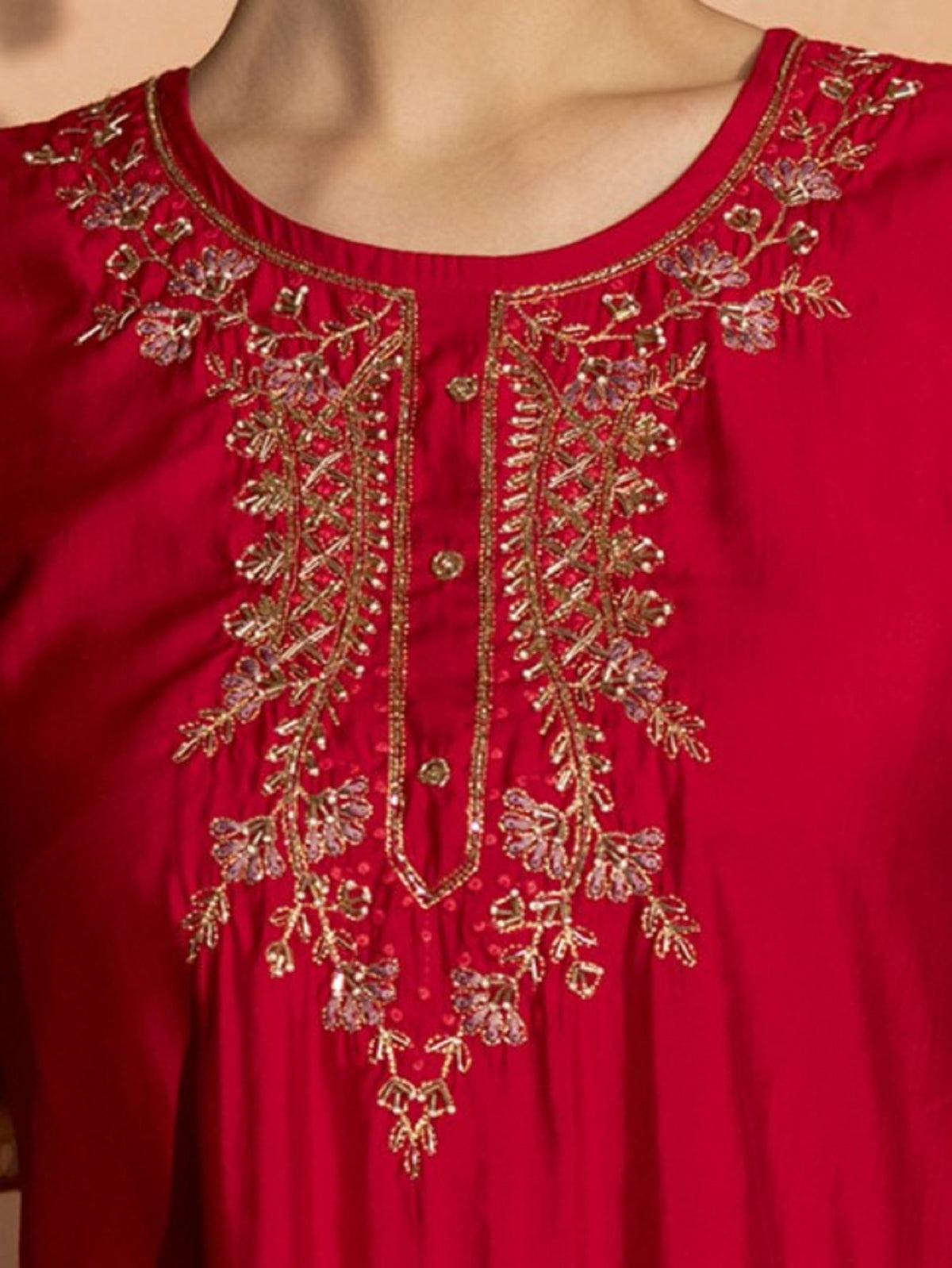 TITTLI Women Handwork Embroidered U-Neck Roman Silk Kurta Set with Georgette Cutwork Dupatta (C.Red)