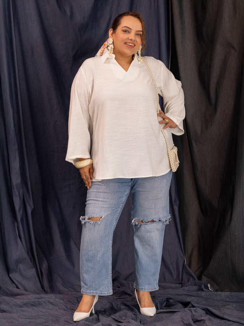TITTLI Women Plus Size V-Neck Collar Short Kurti with Flared Fit & Full Sleeves (Off White)