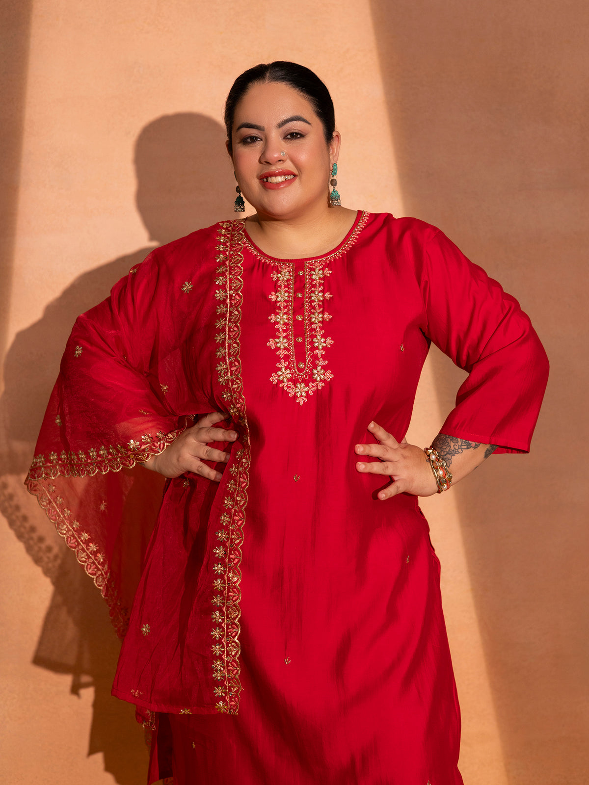 TITTLI Plus Size Women Handwork Embroidered U-Neck Roman Silk Kurta Set with Georgette Cutwork Dupatta(Red)