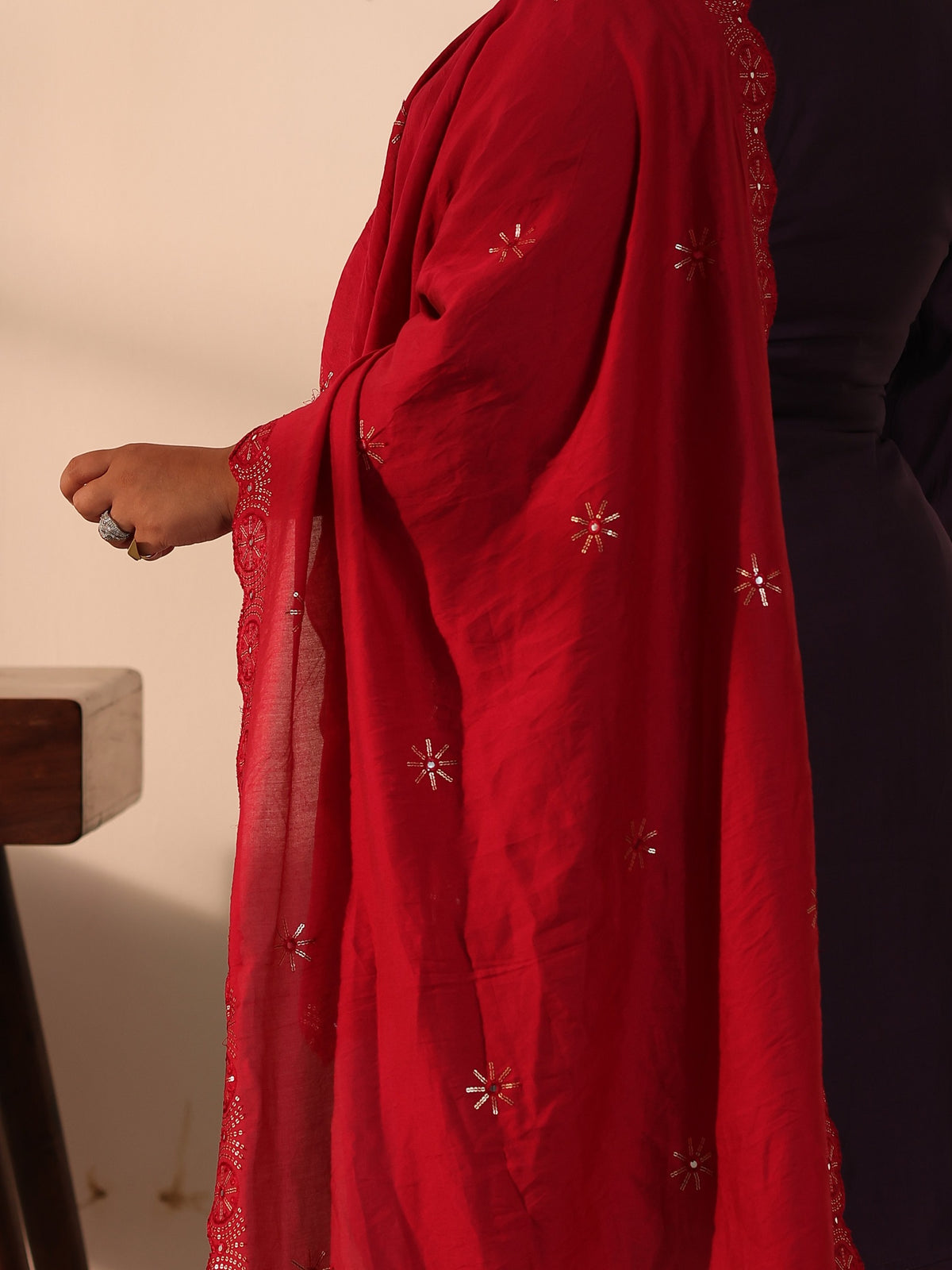 TITTLI Plus Size Women Handwork Embroidered Round Neck with V Drape Roman Silk Kurta Set with Cut-Work Dupatta (Wine)