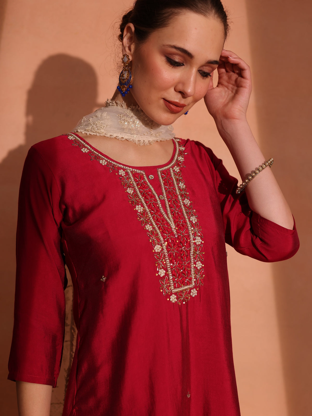 TITTLI Women Handwork Embroidered U-Neck Roman Silk Kurta Set with Embroidered Net Dupatta (Cherry Red)