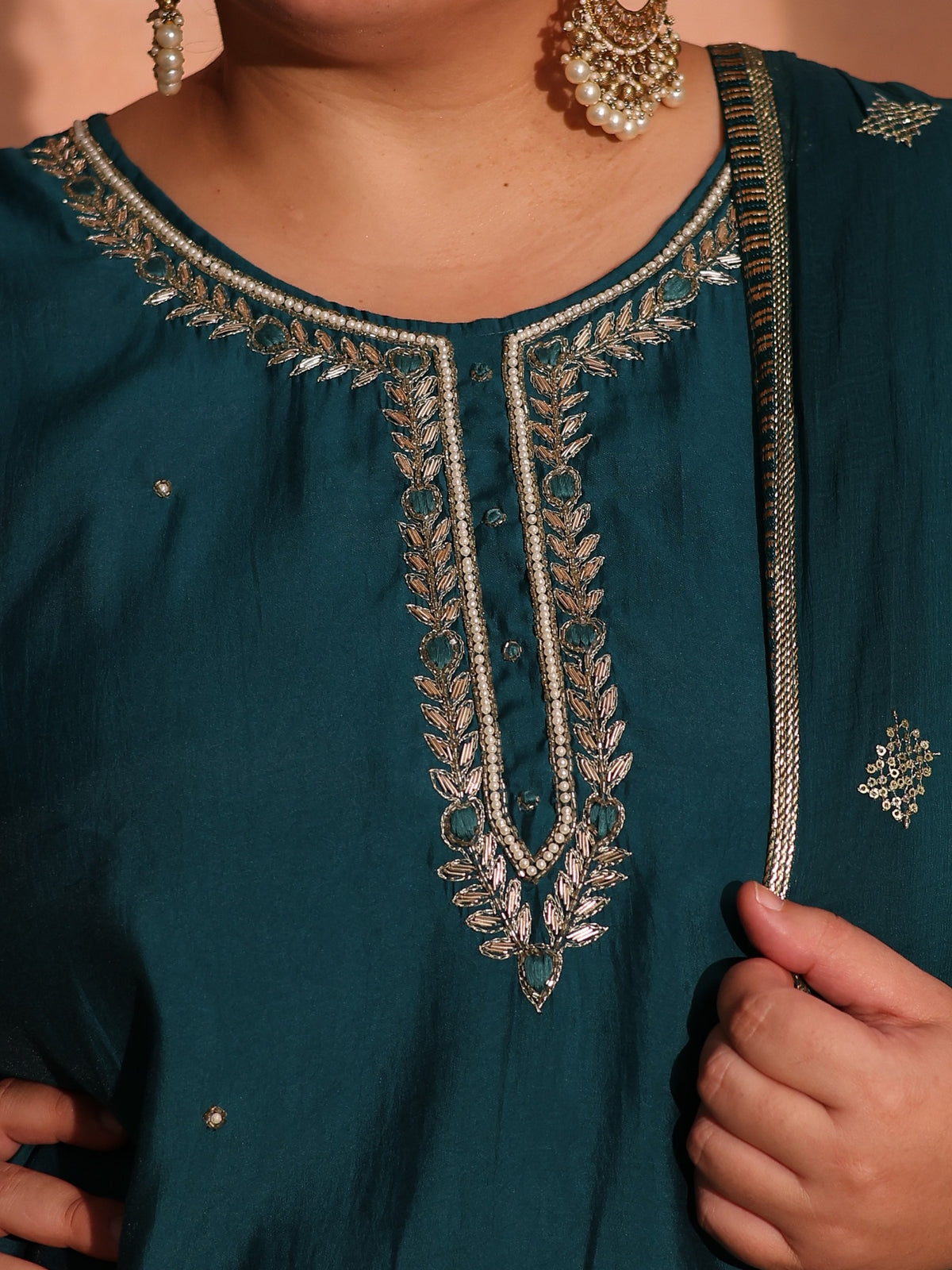 TITTLI Plus Size Women Handwork Embroidered U-Neck Roman Silk Kurta Set with Georgette Cutwork Dupatta(Rama)