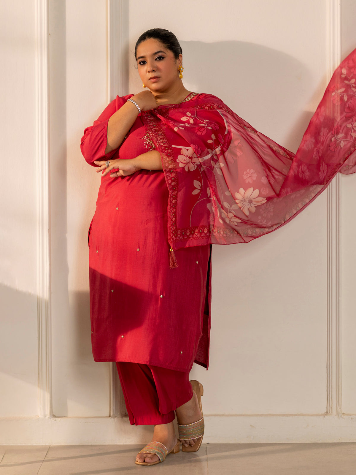 TITTLI Plus Size Women Handwork Embroidered U-Neck Roman Silk Kurta Set with Digital Print Dupatta(Rose-Pink)
