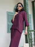 Button-Down Curved Hemline Shirt and Trouser Co-Ord Set (Maroon)