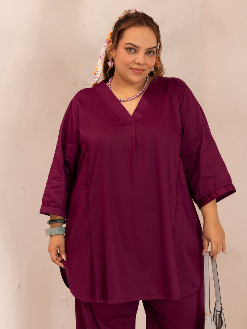 TITTLI Women Cotton Silk V-Neck Tunic & Trousers Plus Size Co-Ord Set (Wine)