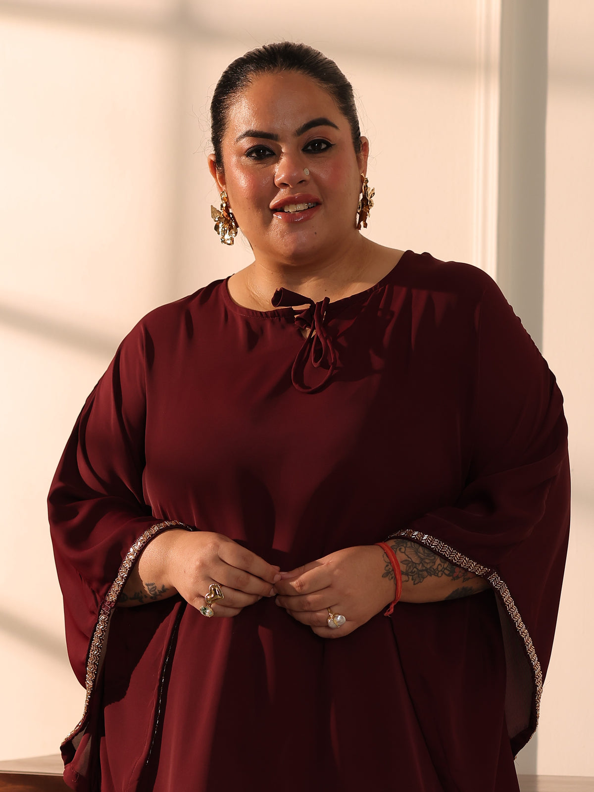 TITTLI Women Plus Size Georgette Solid Kaftan Style Short Top(D.Wine)