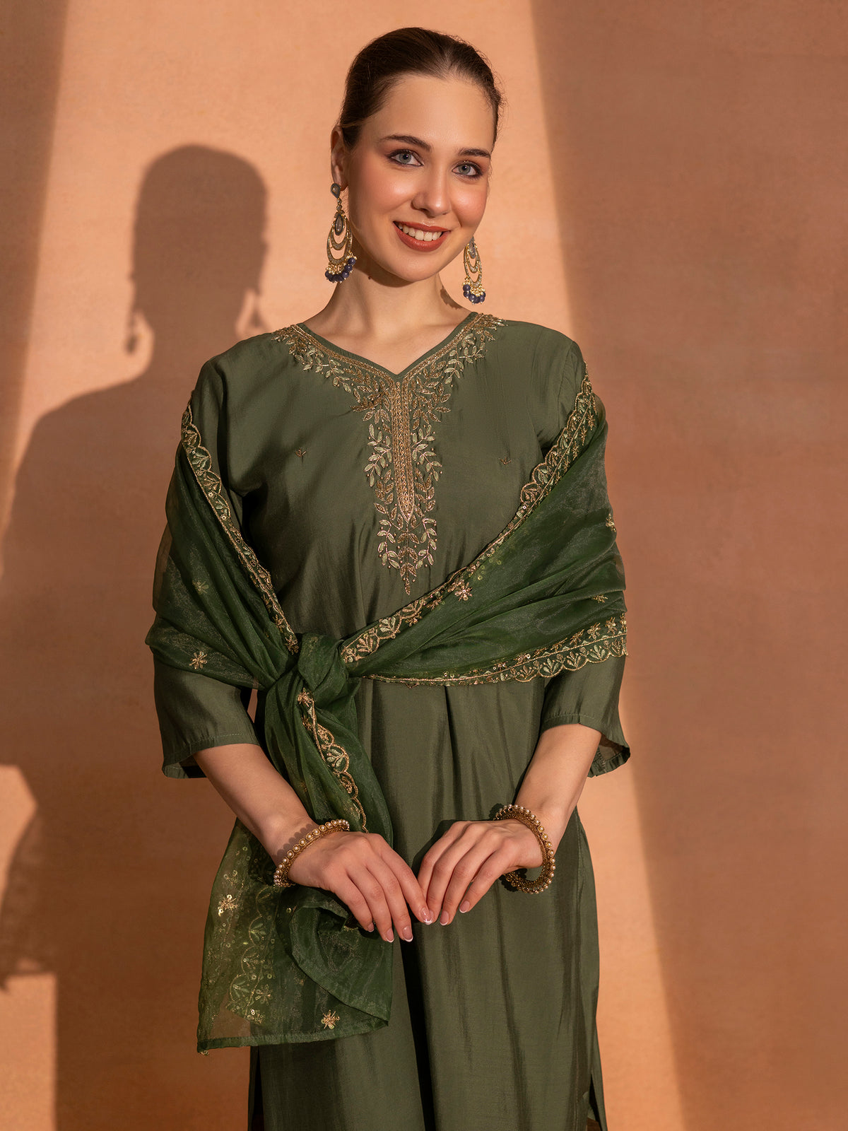 TITTLI Women Handwork Embroidered V-Neck Roman Silk Kurta Set with Georgette Cutwork Dupatta (Olive)