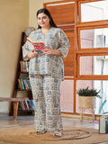 Cotton Printed Tunic Kurta & Trouser Co-Ord Set (Olive & Blue)