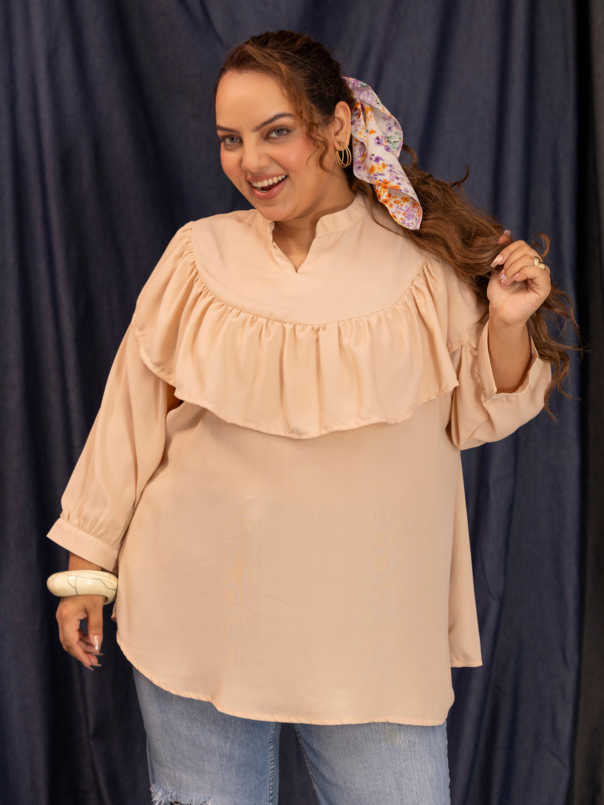 TITTLI Women Plus Size Georgette Solid Short Top (Skin)