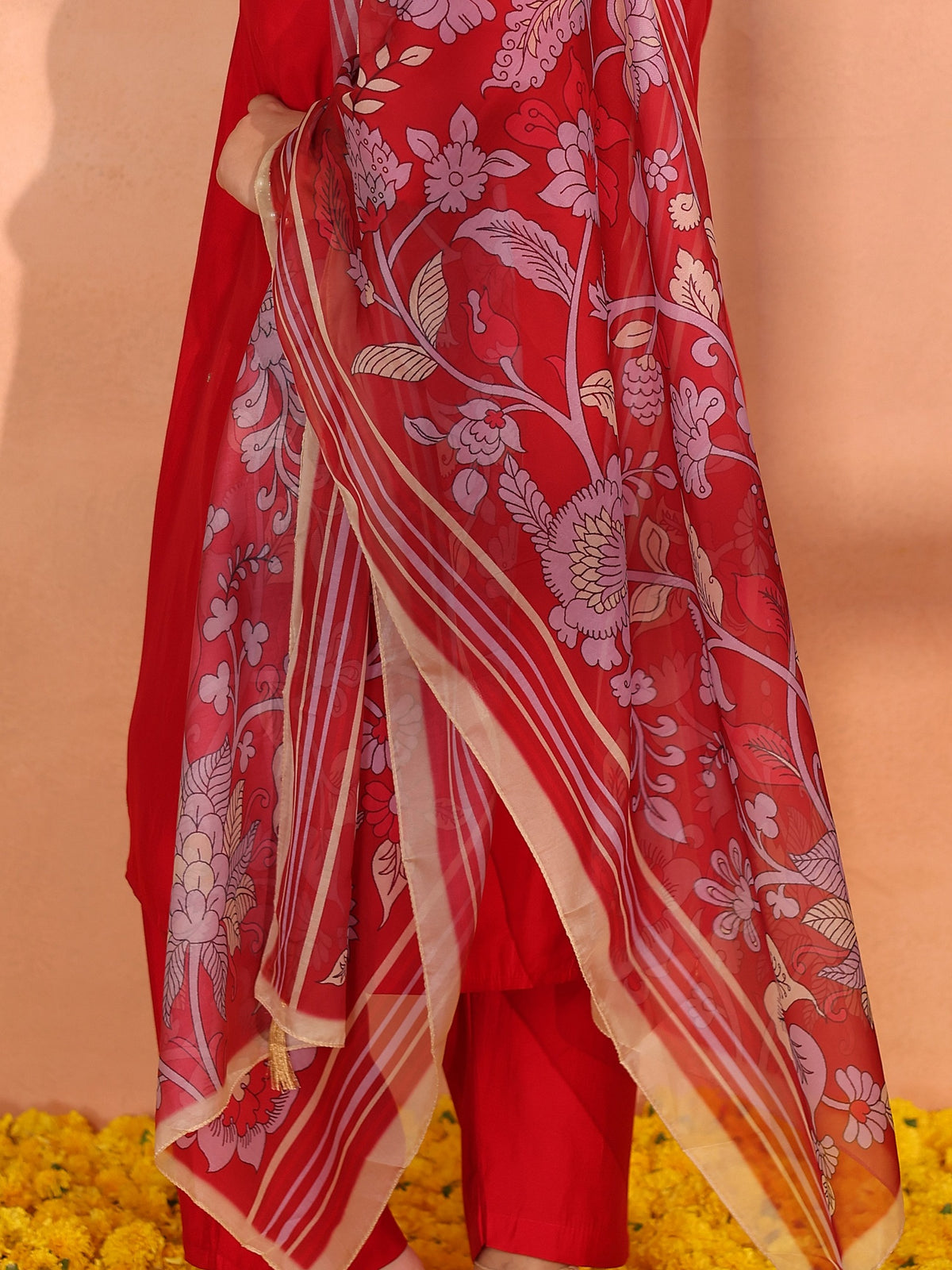TITTLI Plus Size Women Handwork Embroidered U-Neck Roman Silk Kurta Set with Georgette Digital Print Dupatta(Cherry Red)
